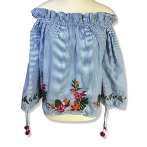 ⭐️LUSH Off Shoulder Striped Floral Pom Pom Tie Casual Shirt